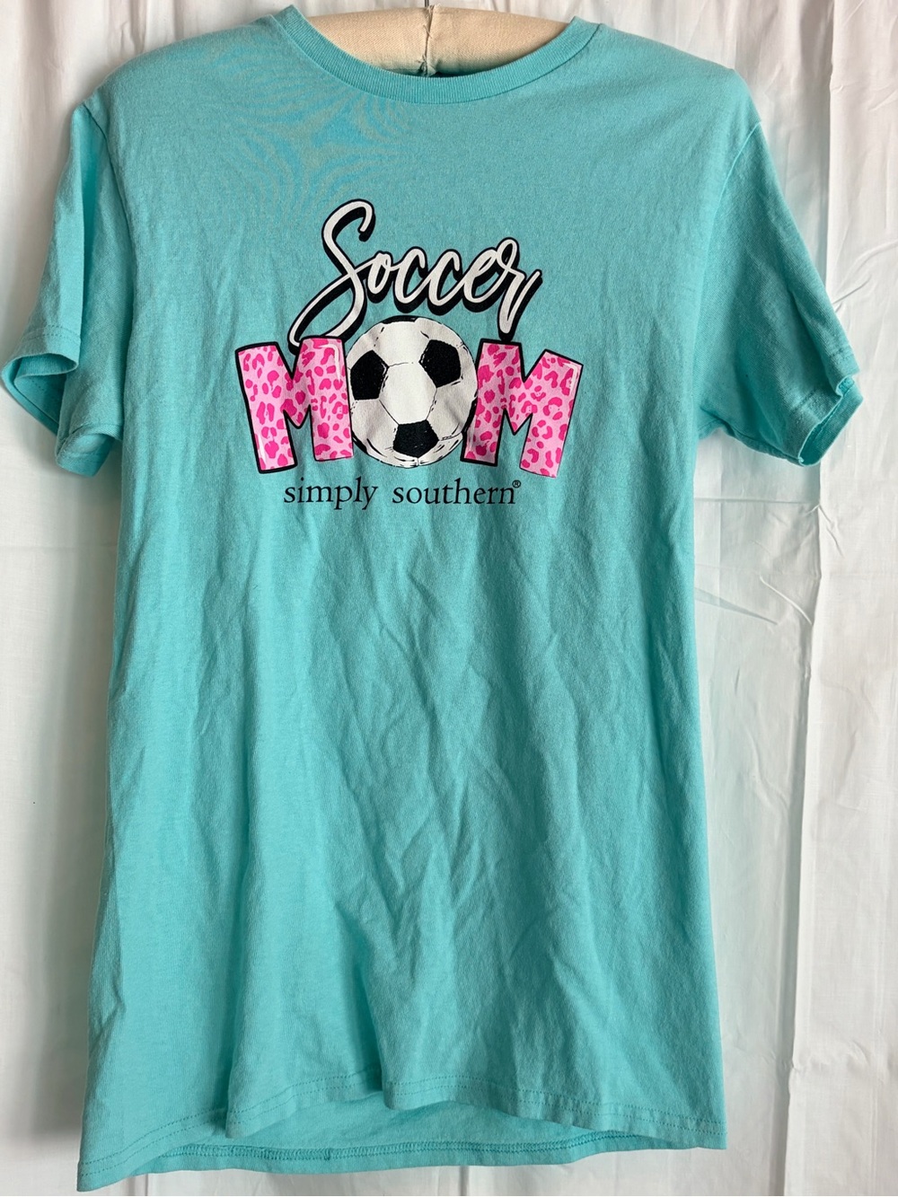 Simply Southern Aqua Soccer Mom Tee with Pink Leopard Print